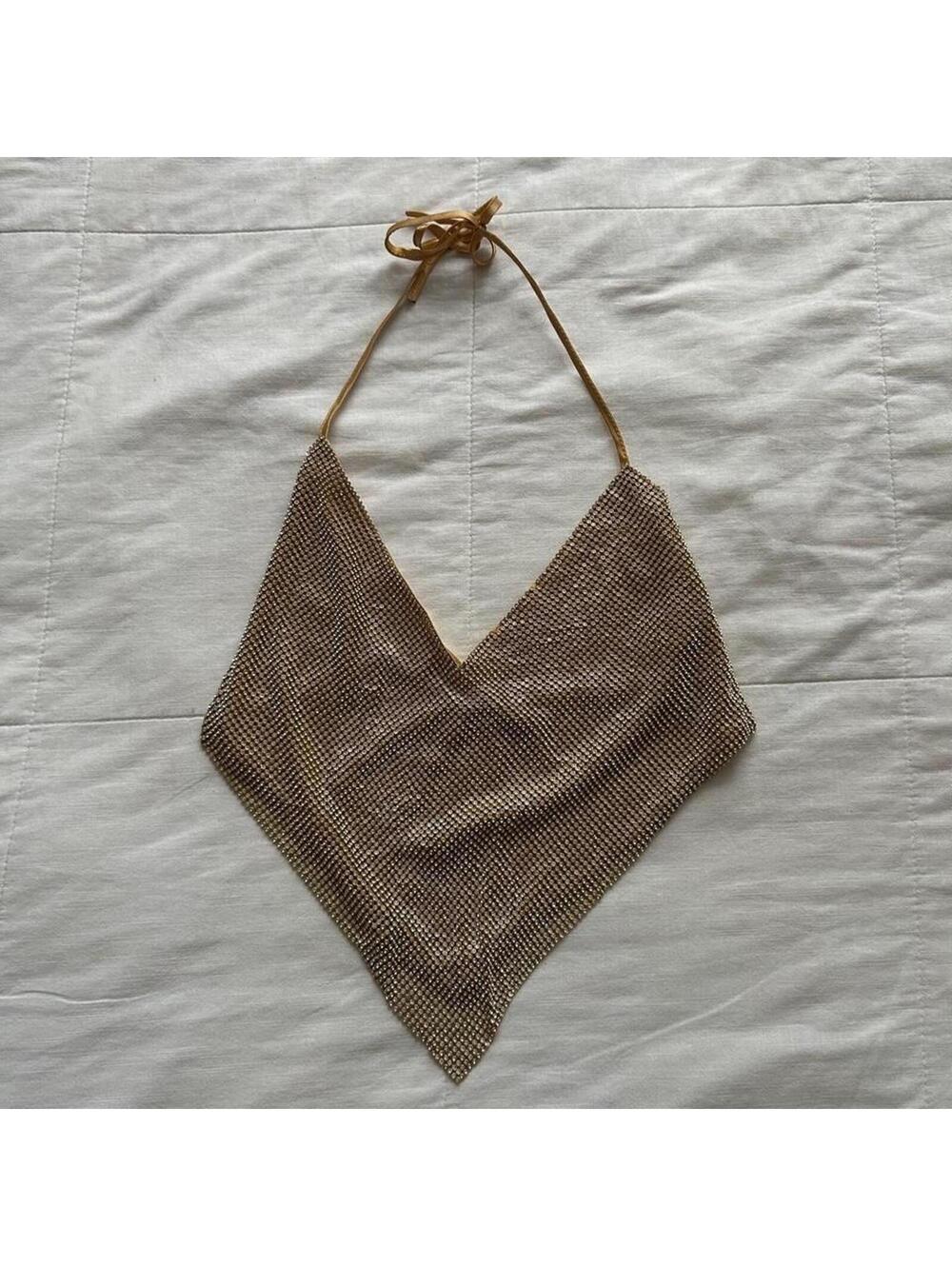 Gold mesh rhinestone halter top with tie neck and tie back